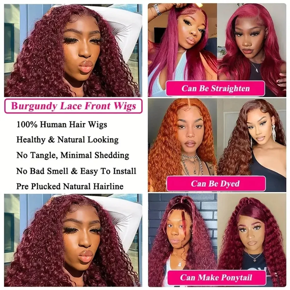 Perruque Lace Front Wig Deep Wave Brésilienne Naturelle, Cheveux Bouclés, Couleur Bordeaux, 13x6, 30 Pouces, pour Femme