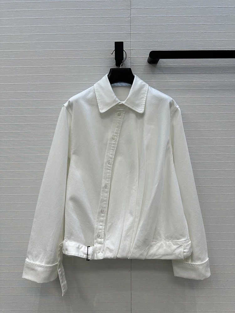 

Autumn winter New style Flip collar Single-row buckle Belt Pure cotton Material Woman white Retro Versatile Jacket Coat