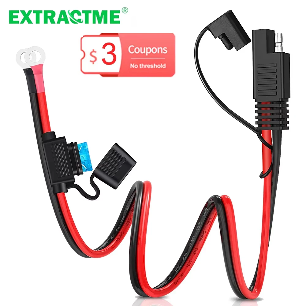 Extractme 10AWG SAE 2 Pin Quick Release Connector to O-ring Terminal Harness Connector with 15A Fuse for Battery Charger Cable