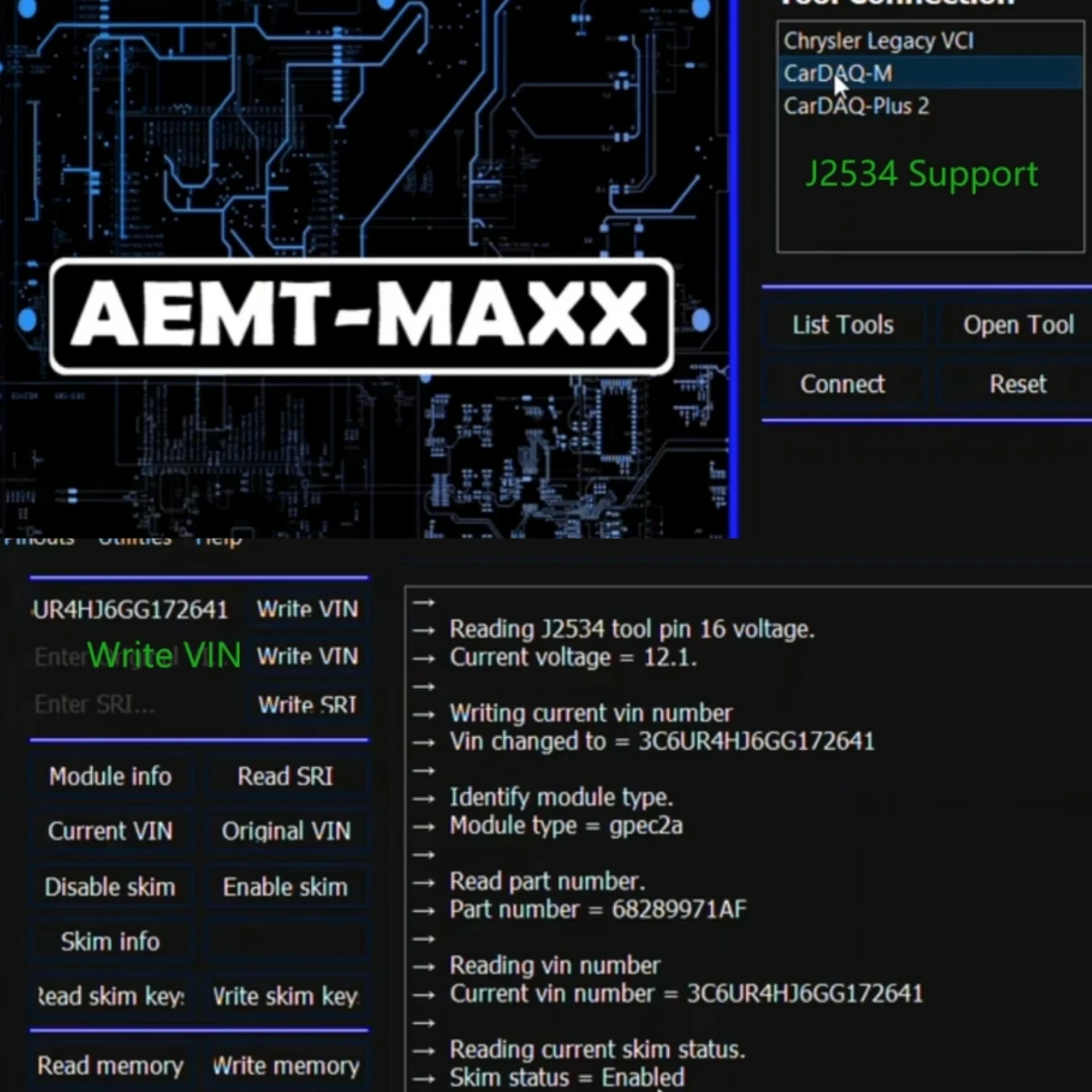 برنامج AEMT MAXX VIN Editor لـ Chrysler PCM Edit Skim Security يستخدم GPEC لكرايسلر/دودج/جيب ديزل غاز يدعم J2534 Win10