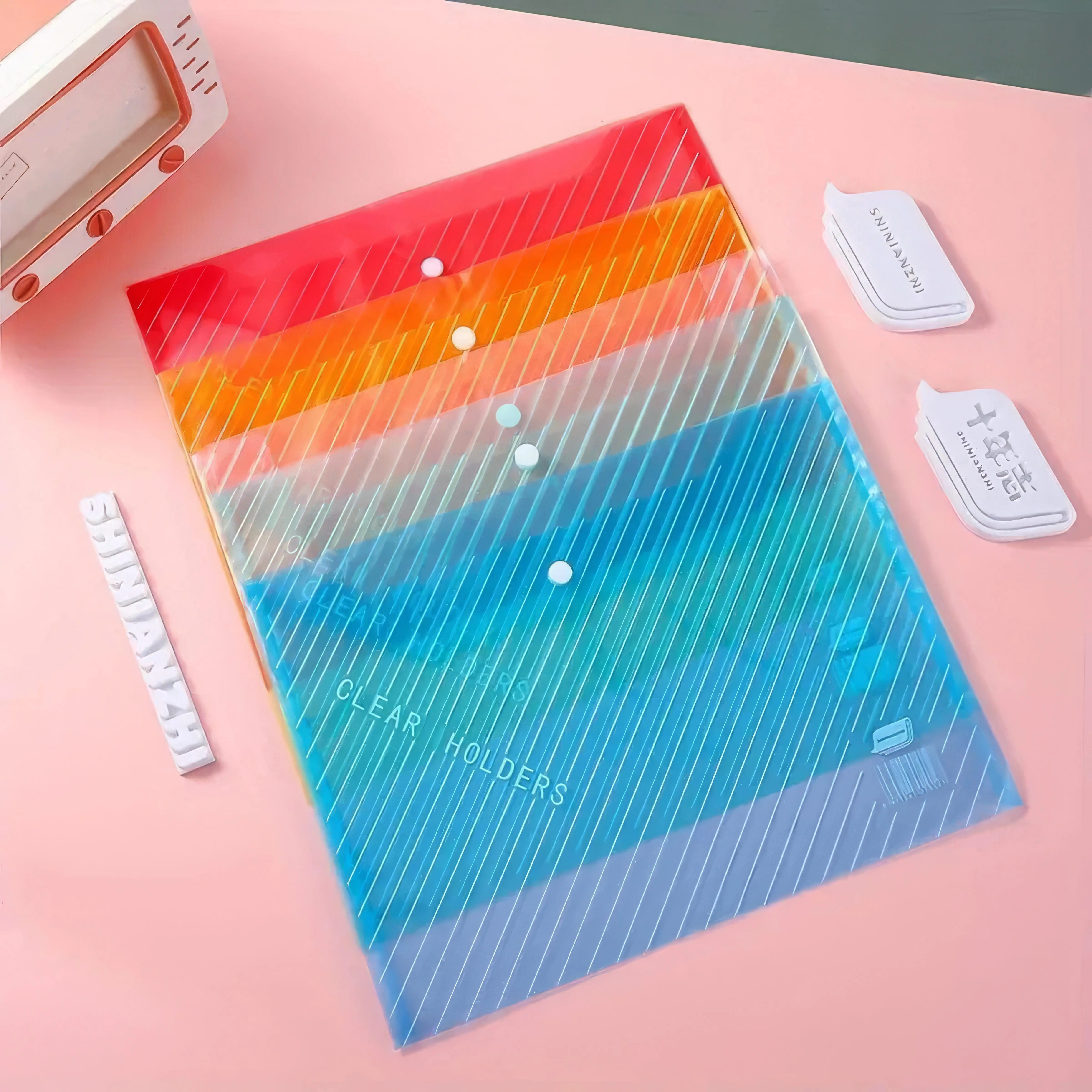 

5 Pieces Multi-color Transparent Tape Snap File Bags, Desktop Sorting Tool, Suitable for Office Data and File Storage