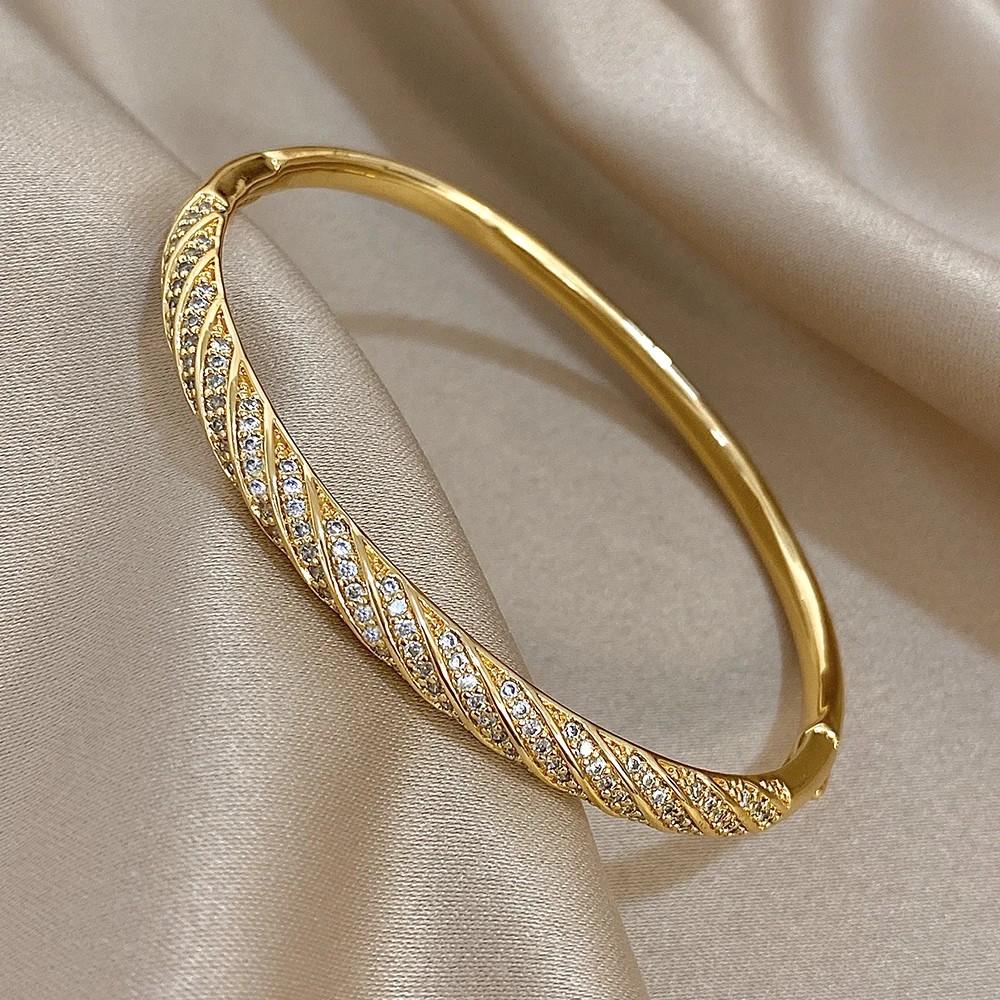 Freetey Classic Sparkling Zircon Golden Plated Round Bangle for Women Minimalist Stackable Basic Spring Bracelet Hand Jewelry