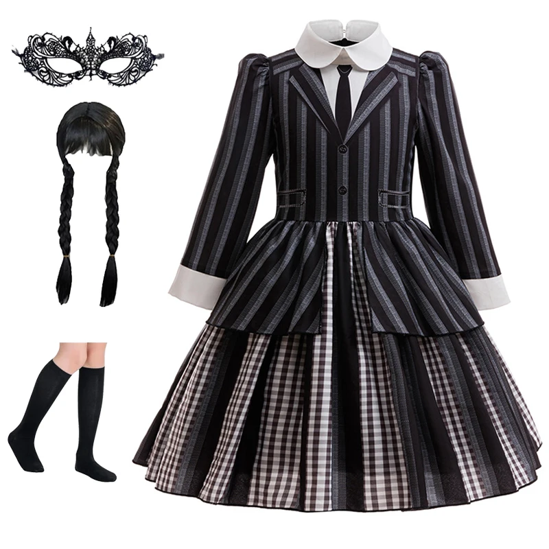 

Костюм ведьмы для девочек, новые детские костюмы на Хэллоуин, модное черное платье в стиле преппи для девочек, детское повседневное платье в полоску