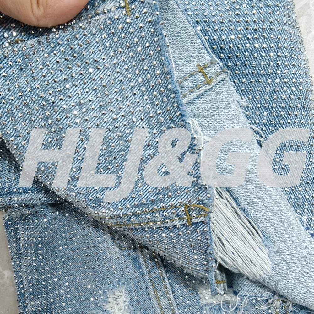 HLJ-pantalones cortos vaqueros de alta calidad para mujer, conjuntos de dos piezas con diamantes de imitación, Top corto de manga larga con botones de solapa y pantalones cortos, ropa de calle azul