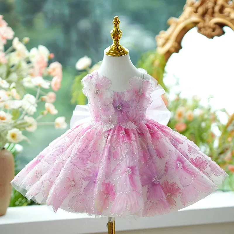 Jill Wish Elegant Floral Pink Girl Dress with Bow Lace Princess Toddler Kids Wedding 1st Birthday Pageant Party Ball Gown  J409