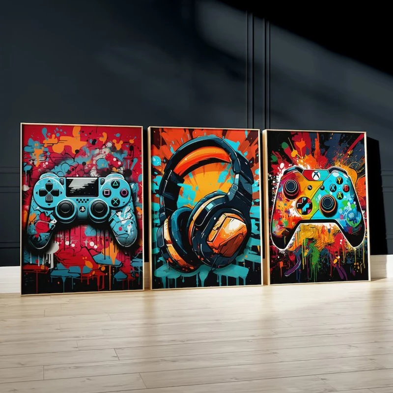 Colorful Graffiti Game Controller Canvas Painting Gaming Poster Gamepad Print Picture for Boys Gamer Bedroom Wall Art Home Decor