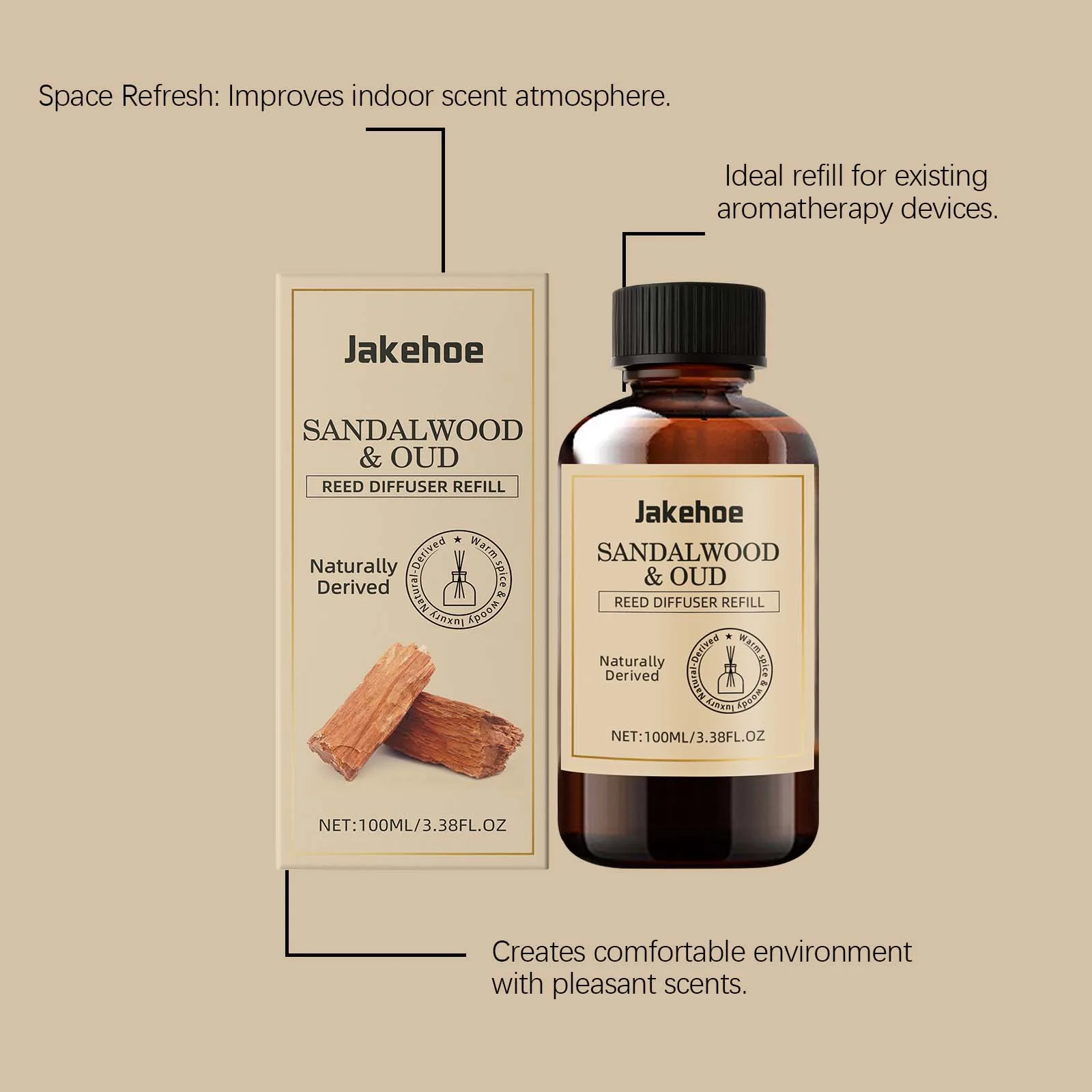 Jakehoe Sandalwood Oud Reed Diffuser Refill Warm Woody Scent Long Lasting Aroma For Home Office 100ml