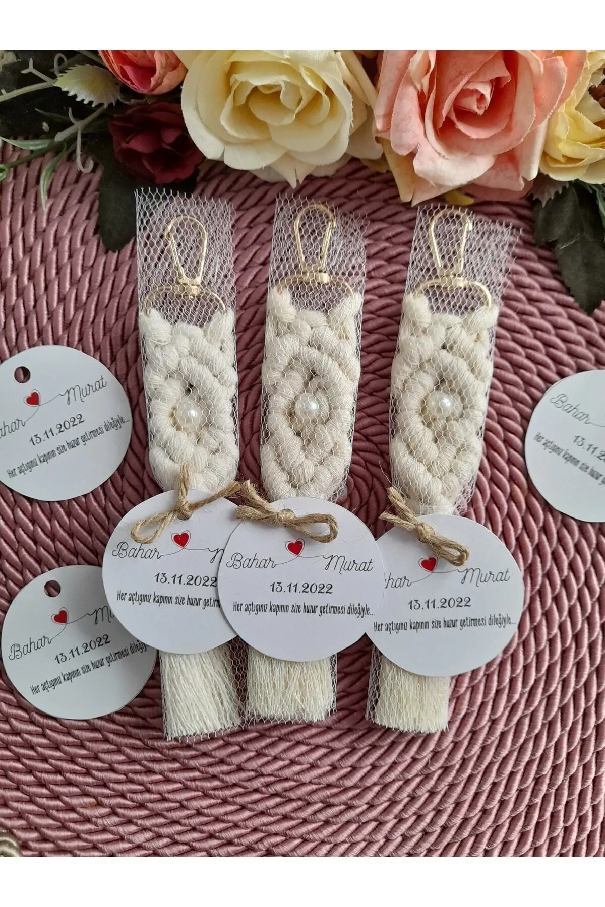 

50 Tagged And Pearl Decorated Macrame Keychain, Wedding Winter Engagement Word Birth Circumcision Gift