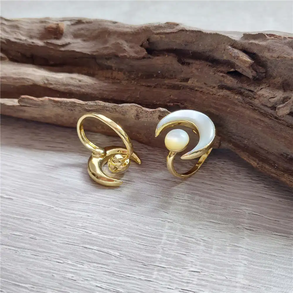 FUWO Wholesale Unique Design Crescent Earth Shell Ring,Golden Plated Mother Of Pearl Jewelry For Women 5Pieces/Lot RG508