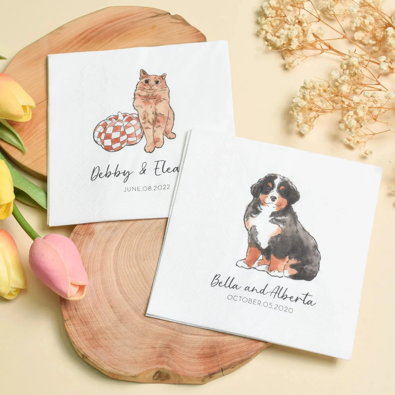 50pcs Personalized Watercolor Pet Wedding Napkins - Custom Hand-Painted Dog Cocktail Napkins