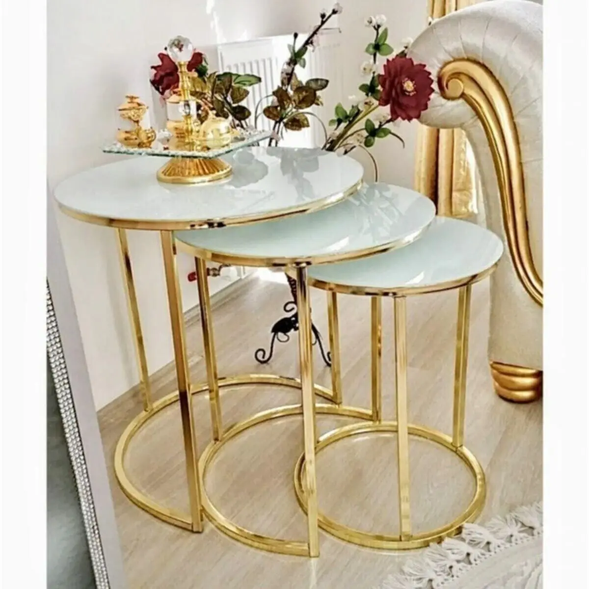 Decorative White Glass Gold Metal Nesting Table Set of 3 Luxury Modern Nordic Design Coffee Table Furniture Set for Living Room