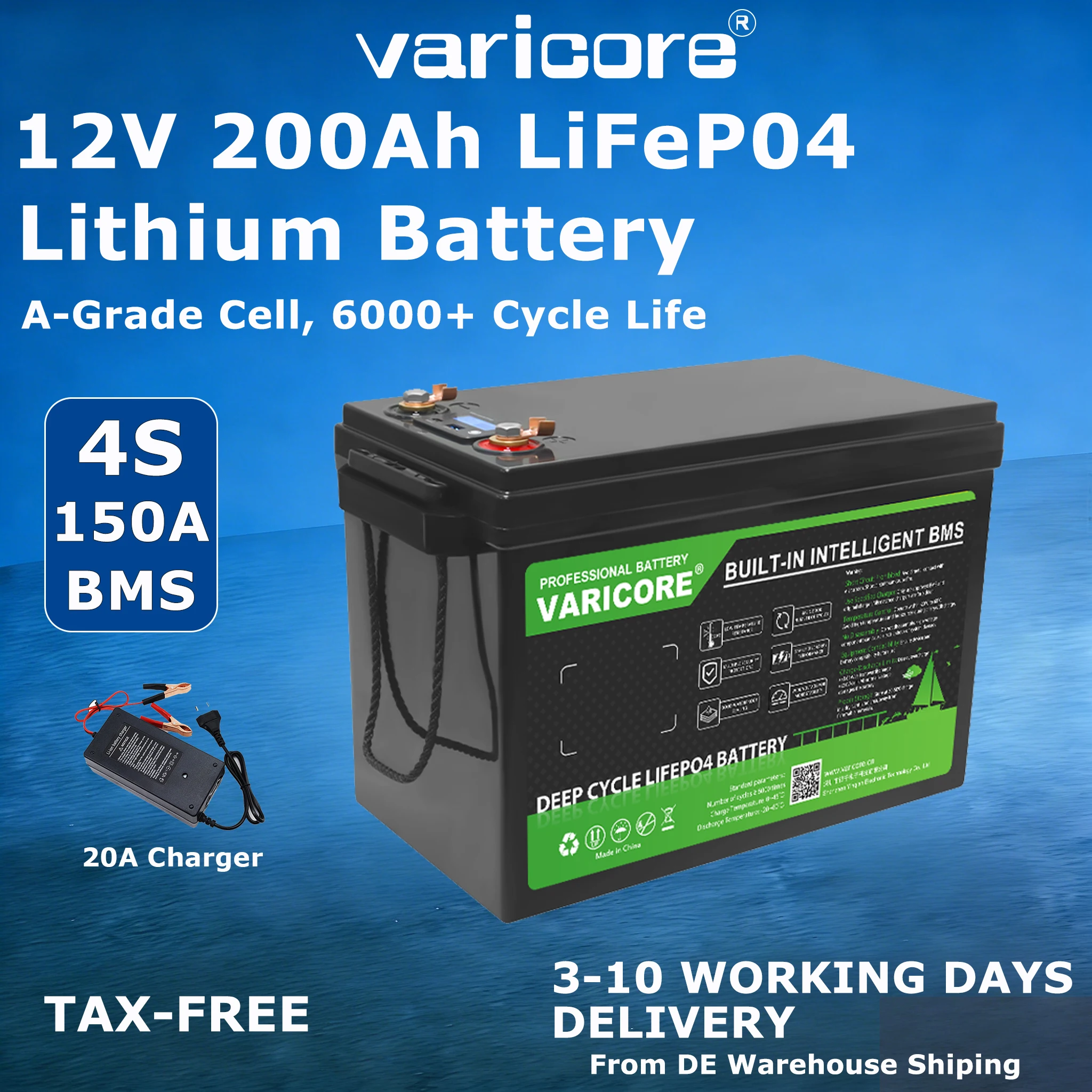 Batterie VariCore LiFePO4 12V/12,8V 200Ah 14,6V pour véhicules de tourisme tout-terrain, sortie USB Type-C multifonctionnelle pour voiture de voyage et voiturette de golf