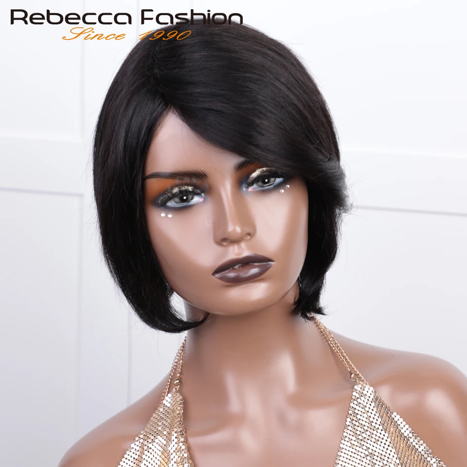 Glueless Pixie Short Cut Straight Human Hair Wigs Short Bob With Long Side Part Bangs No Lace Brazilian Straight Bob Wigs