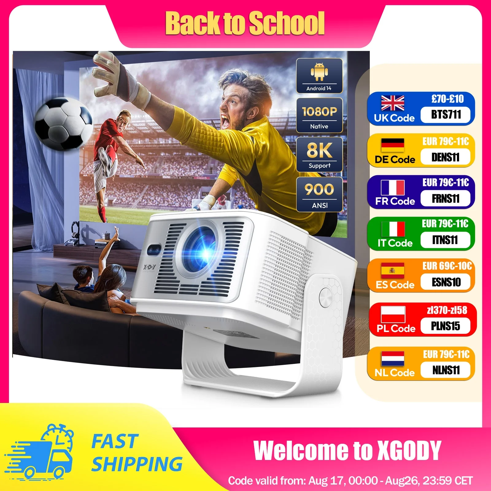 XGODY 8K/4K Projektor Android 14.0 900ANSI 2GB+16GB Autofokus Keystore-Korrektur Beamer Wifi6 BT5.4 Heimkino Outdoor