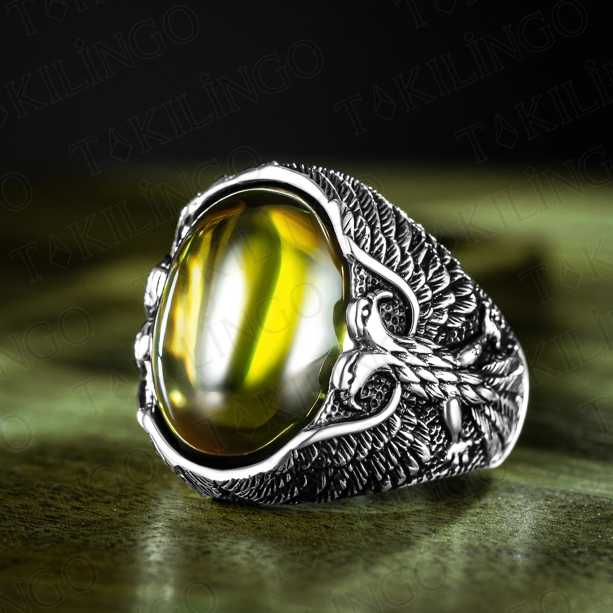 

Solid 925 Sterling Silver Double Eagle Motif Green Olivine Stone Men's Ring,Natural Peridote Stone Ring