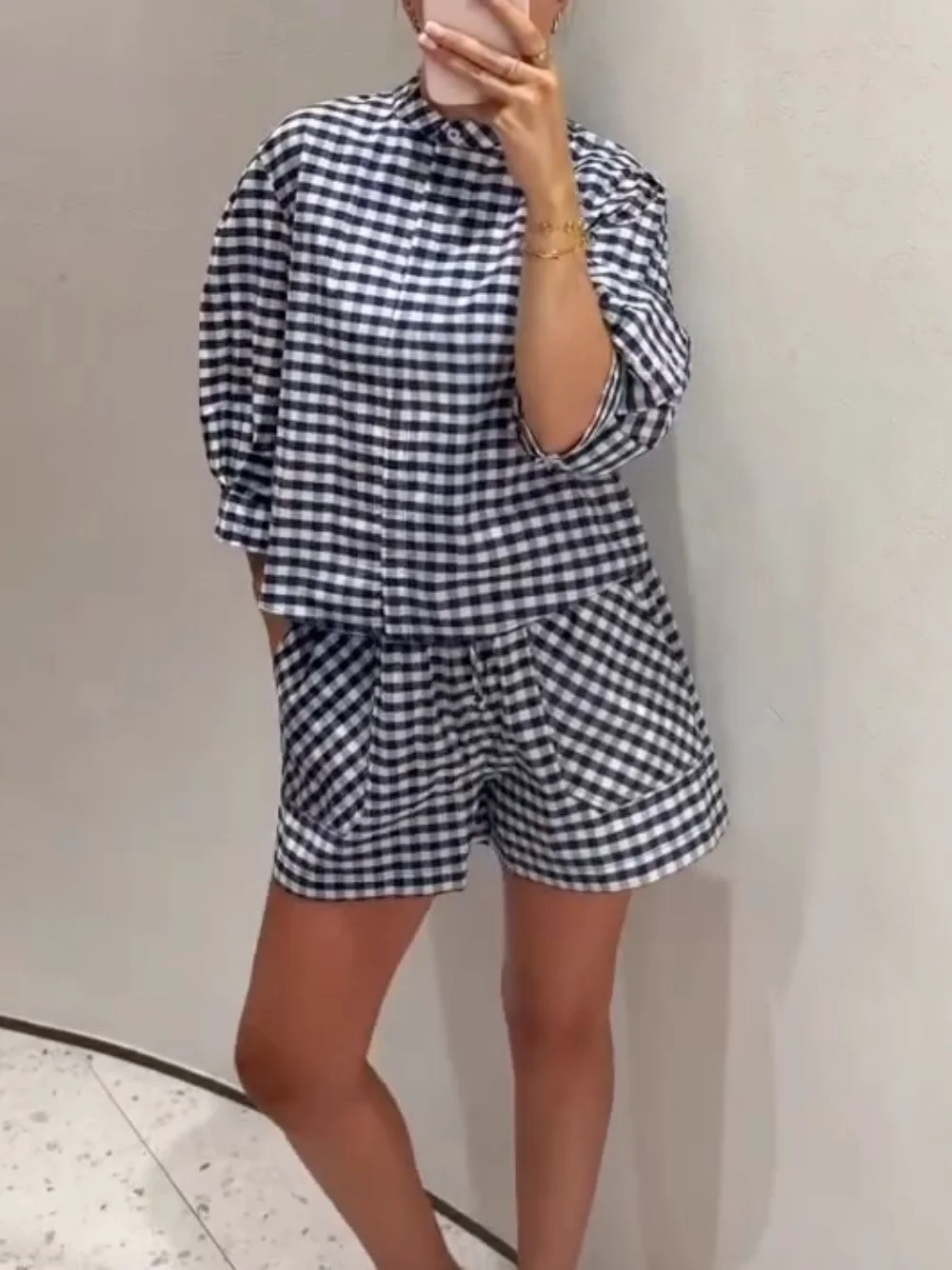 Casual Plaid Shorts Set Women Elegant Stand Collar Blouse Tops High Waist Check Short Pants Two Piece Suits Loungewear