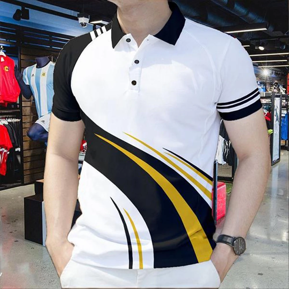 Polo Shirt for Man Black White Gray Geometric Curve Panel Stripe Trim Polo Shirt for Men Classic Collar Casual Short Sleeve