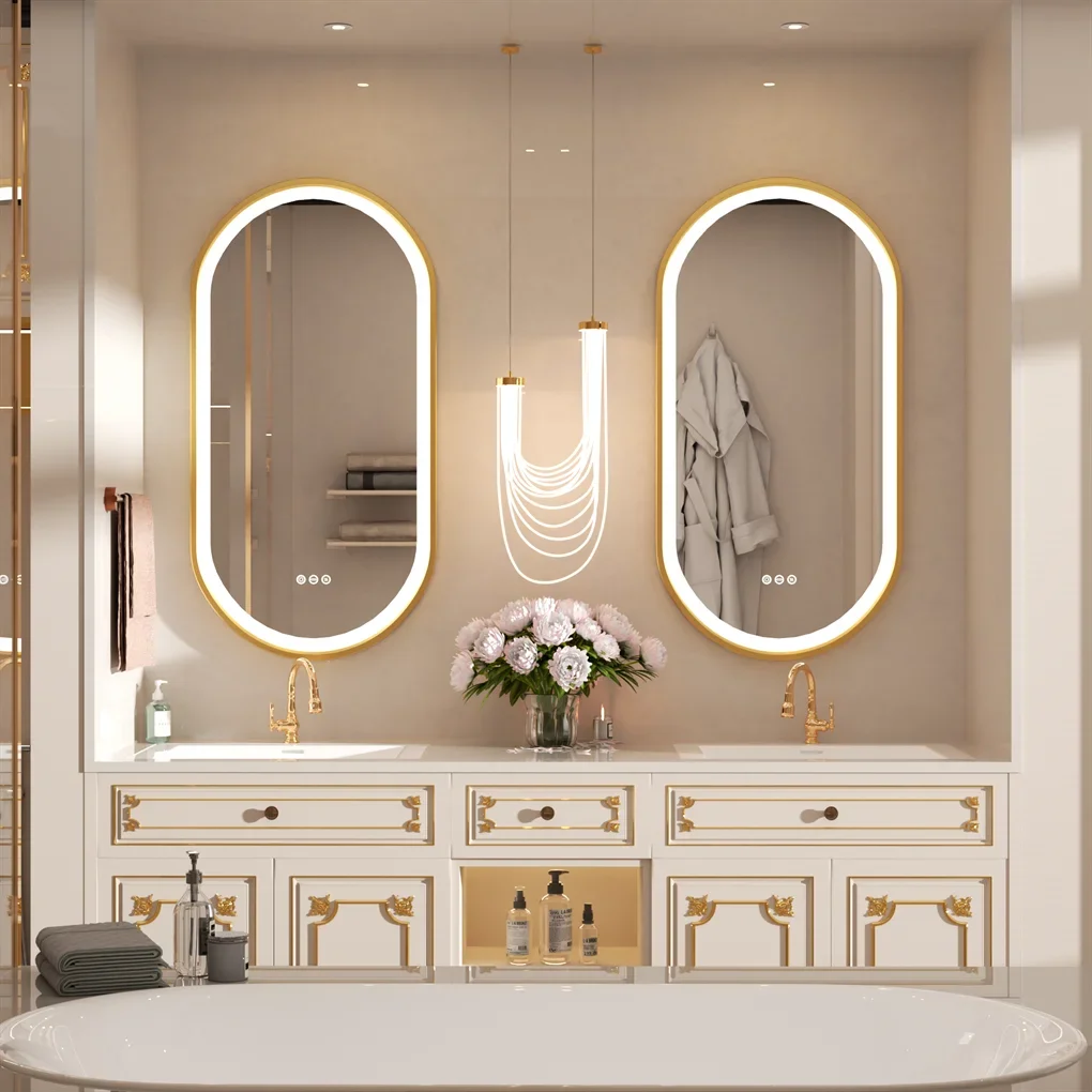 LUVODI Gouden Ovale LED Verlichte Badkamerspiegel met Aluminium Frame en Ontwasemingssysteem, Luxe Badkamer Decoratieve Wandspiegel - afbeelding 2