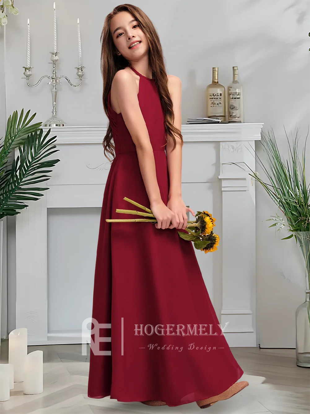 NYJ Kids Child Halter Neck Chiffon Junior Bridesmaid Dress Merlot Flower Girl Dress Gown Summer Party Graduation Guest Attire