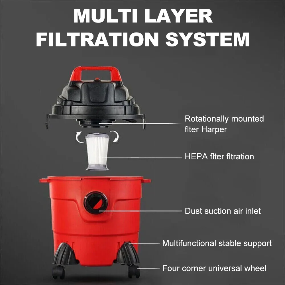 مكنسة كهربائية للغبار الجاف/الرطب سعة 15 لتر، سلك 4 أمتار، وظيفة نفخ محمولة، تصميم دلو كبير للاستخدام التجاري للسيارة المنزلية