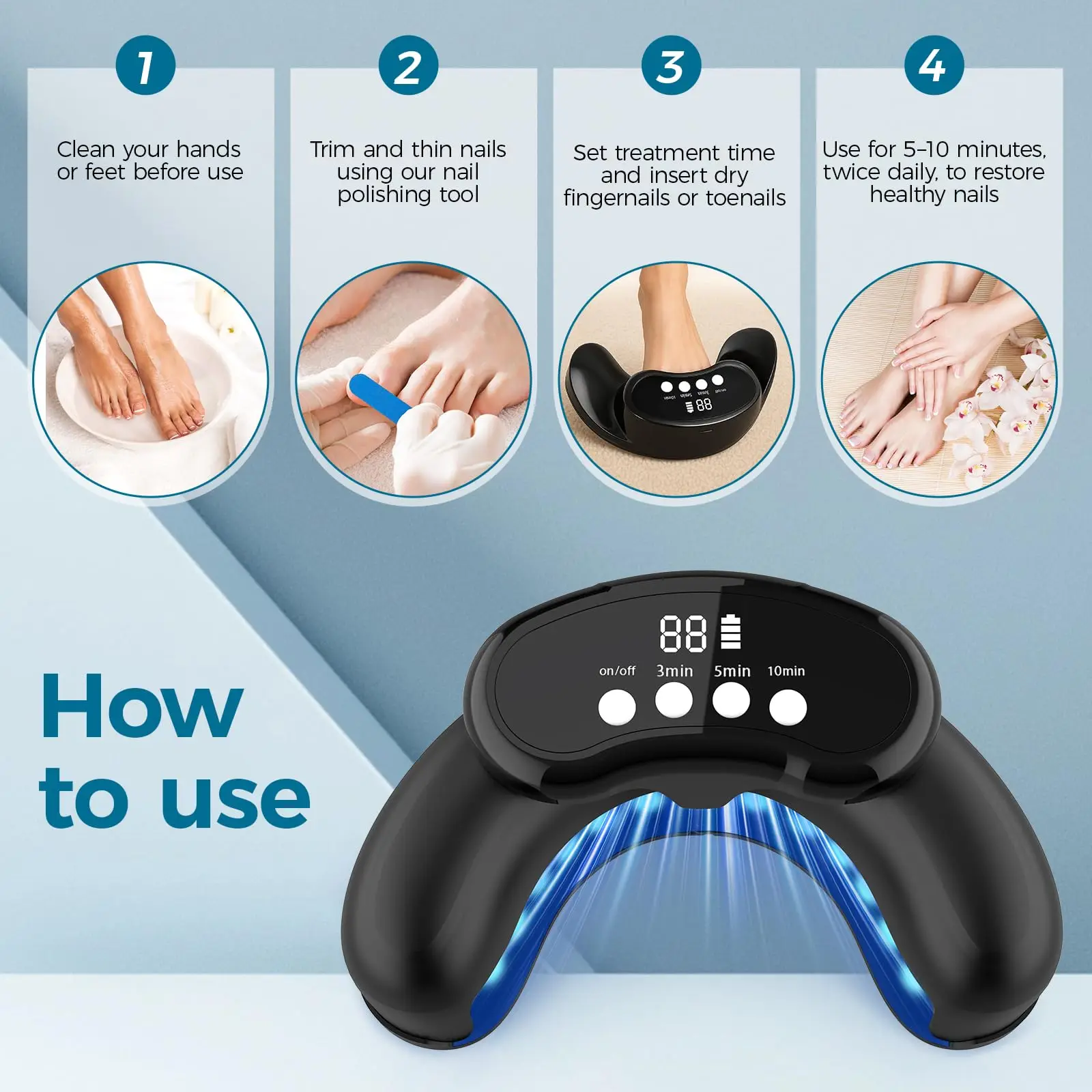 Wireless Nail Fungus Light Therapy Device 30 LEDs 22x470nm Blue Light + 8x905nm Infrared, Rechargeable Toenail & Fingernail Care Lamp with Digital Display, 3/5/10 Min Timer, Wide Coverage Portable Multi-Nail Home Care for Men Women Hands Feet