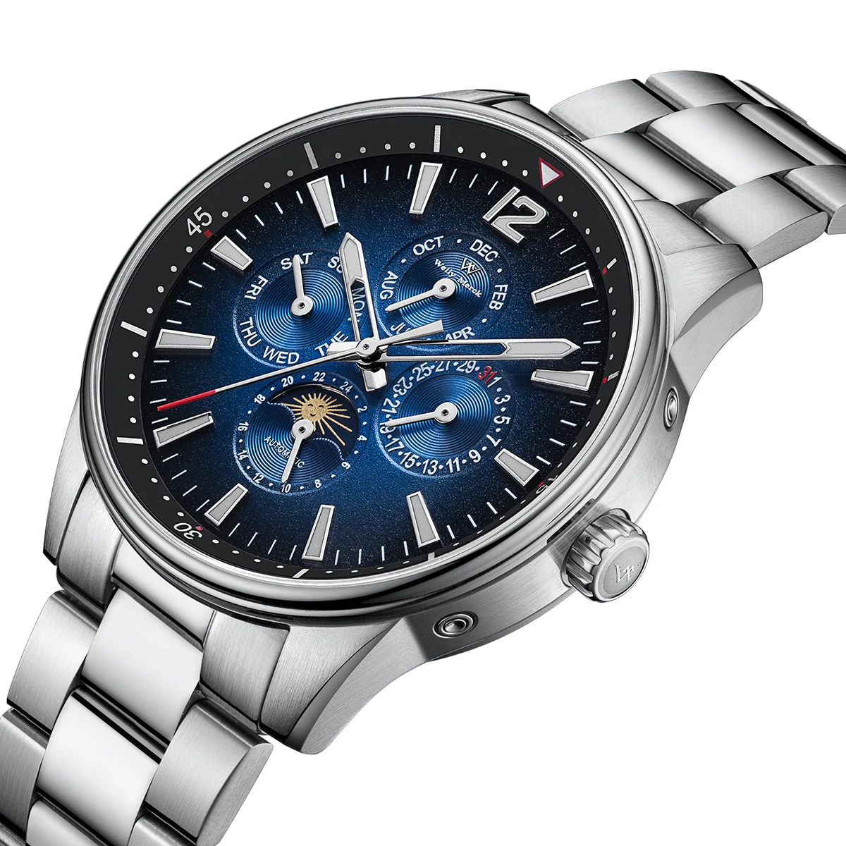 WM 시계 자동 기계식 시계 비즈니스 히든 크라운 다기능 남성용 사파이어 방수 웰리 메르크 남성 시계 160M-WM