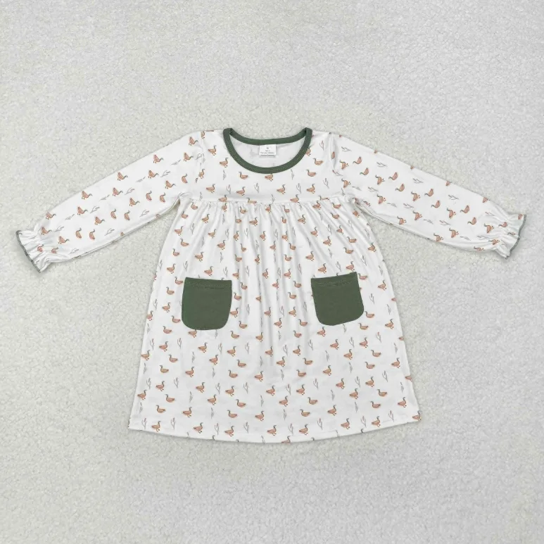 

Toddler Girls Long Sleeve Duck Print Pockets Frock Dress Girls Knee Length Fall Dress