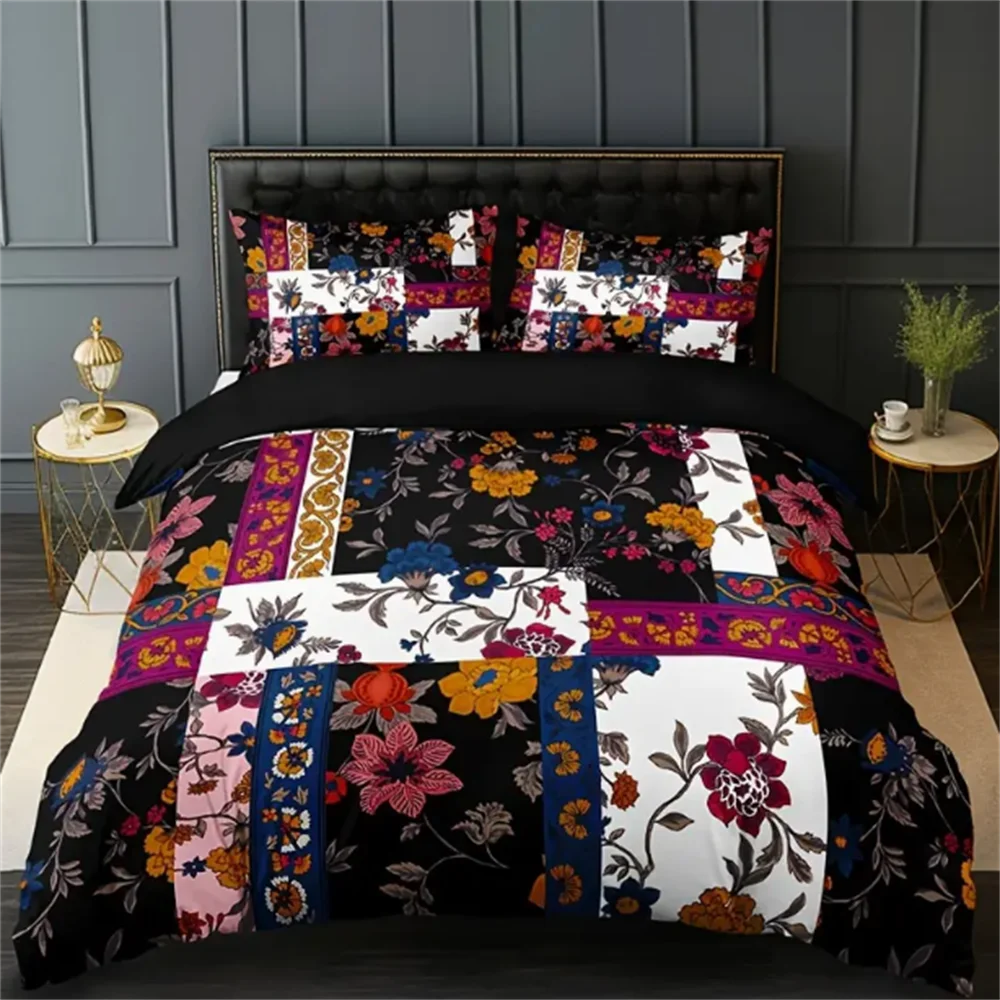 Floral Patchwork Duvet Cover Set 3PCS - 100% Polyester Breathable Bedding, Digital Print, Machine Washable, No Insert Included