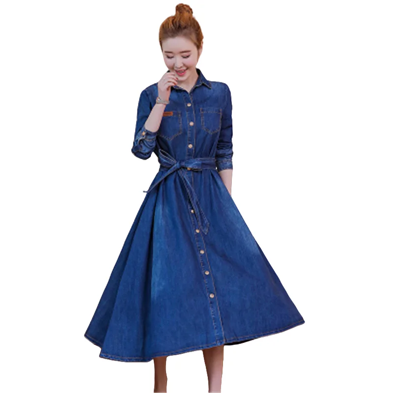 Spring and autumn style new Korean version of the lapel a-shaped mid-length long-sleeved fashion denim dress women