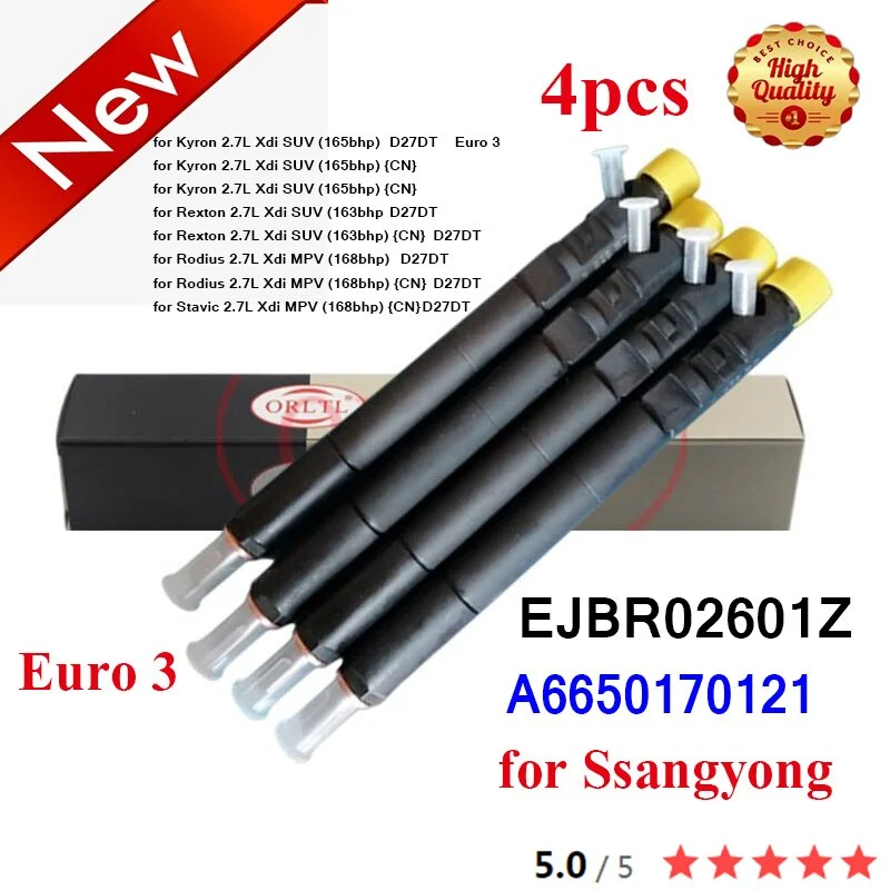 4pcs Euro 3 EJBR02601Z A6650170321 6650170321 for SSANGYONG Kyron 2.7L Xdi SUV (165bhp) {CN} High Quality Injector