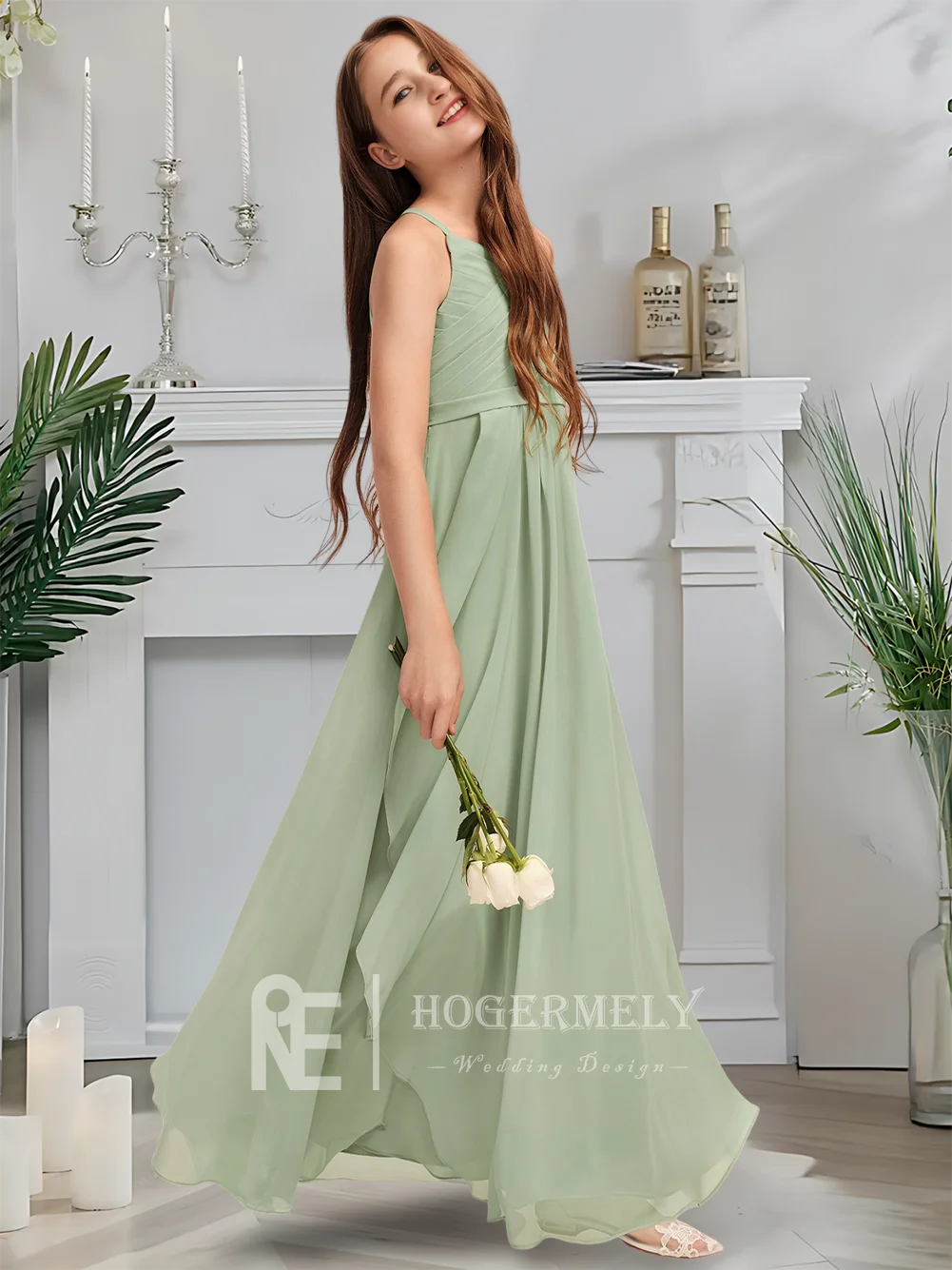 

A V Neck Junior Bridesmaid Dress Flower Girl Dress Chiffon Floor Length With Elegant Ruffles Wedding For Girls Formal Wear