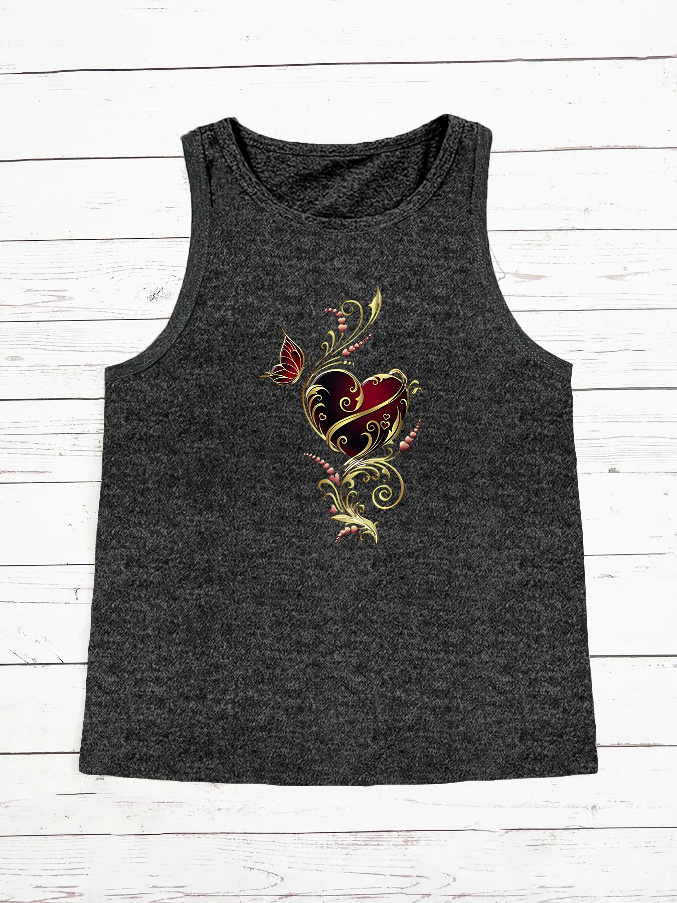 Metal Butterfly & Hollow Heart Fashion Funny Sports Women's Tank Top Loose O Neck Sleeveless Casual Tank