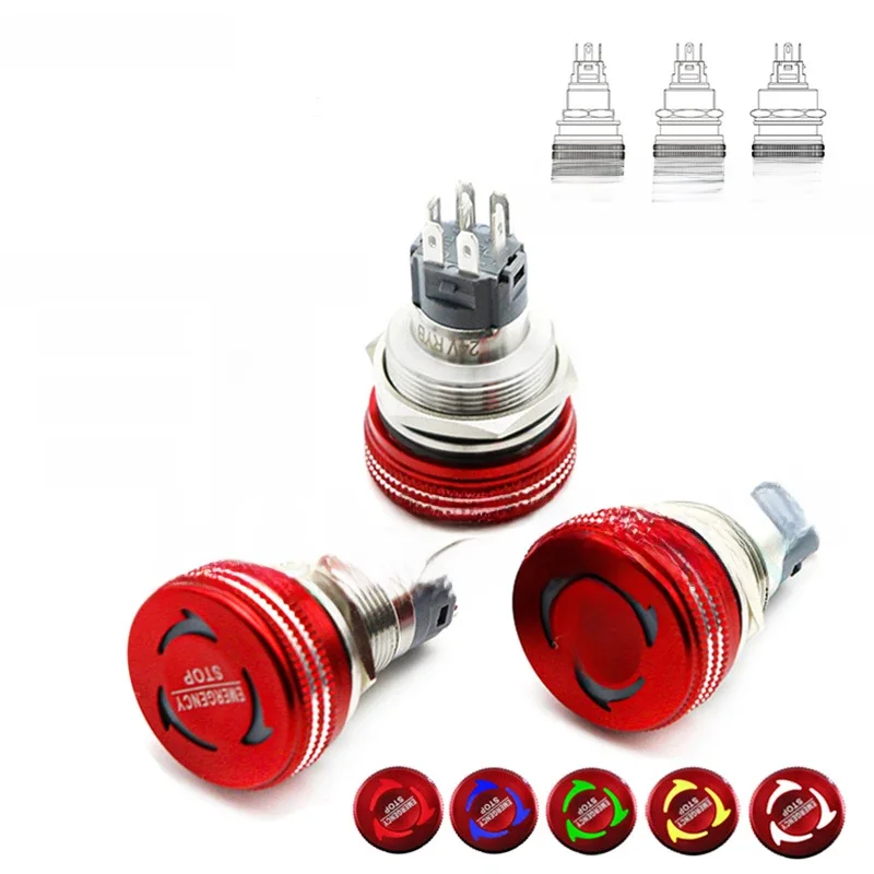 Joli à bouton d'arrêt d'urgence LED avec lumière, métal momentané, étanche, rouge, 1NO1NC, anti-alde, 16mm, 19mm, 22mm