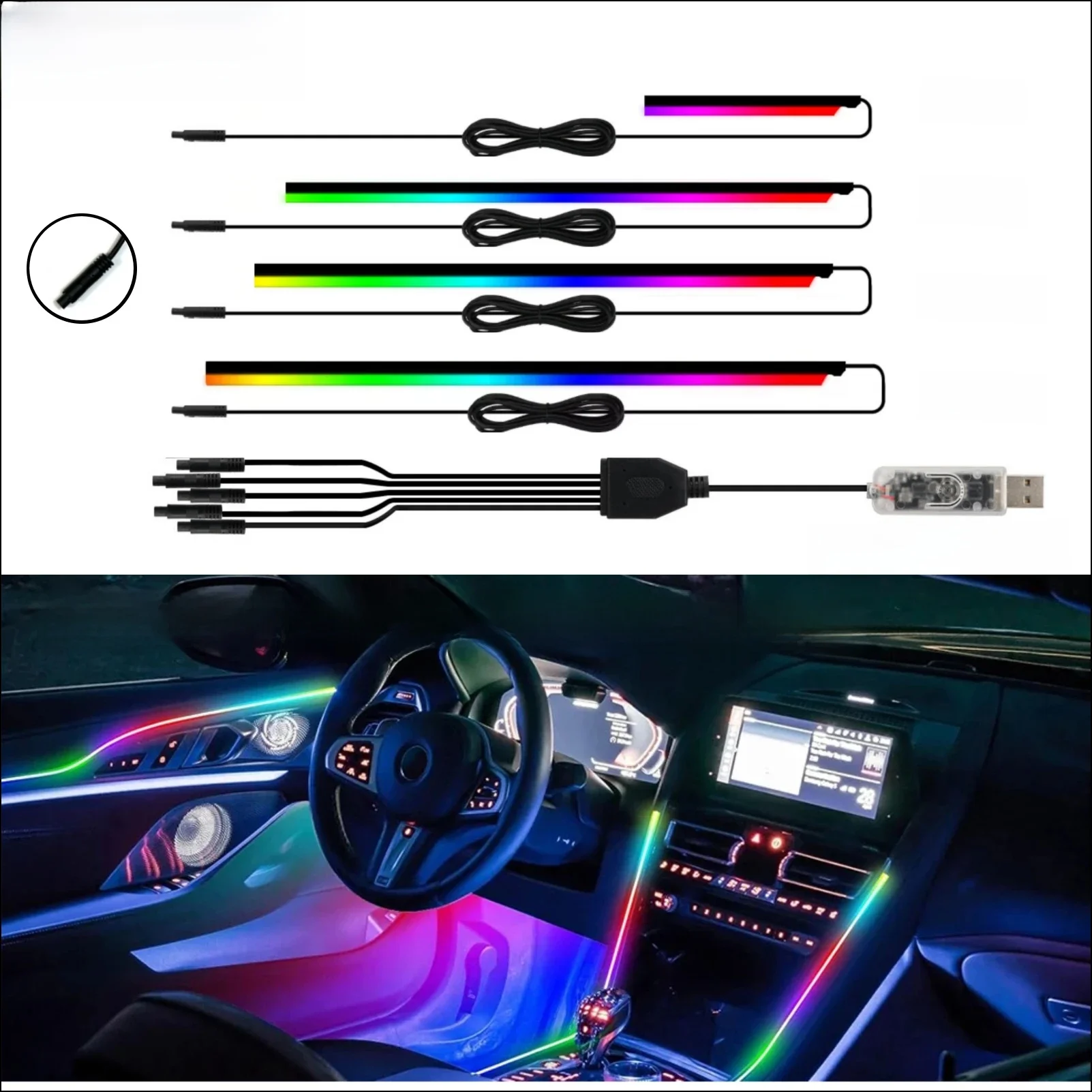 Accessoires d'éclairage ambiant, lumières d'ambiance de voiture, lucarne LED Symphony RGB, bandes acryliques intérieures, décoration, contrôle par application USB