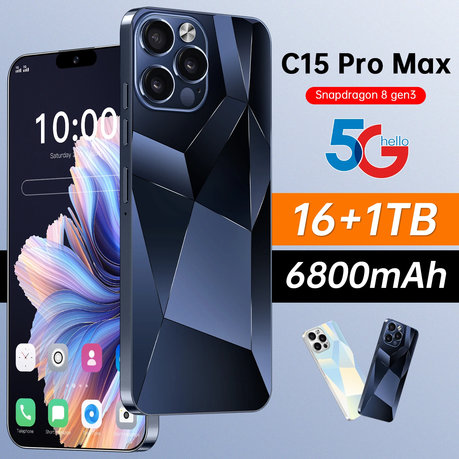 

Original Mobile Phone 5g global version C15 Pro Max 6.8 HD SmartPhone 16G+1T 5G Dual Sim Android14.0 Face Unlocked 108MP 6800mAh