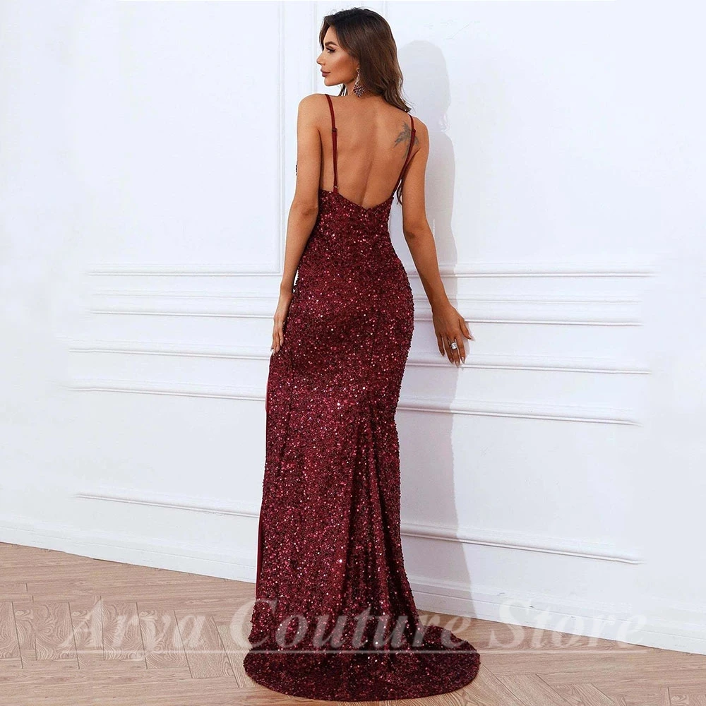 Vestido de noche de sirena con tirantes finos y lentejuelas para mujer, Sexy, sin mangas, abertura lateral, largo hasta el suelo, espalda abierta, tren de barrido, vestidos de fiesta