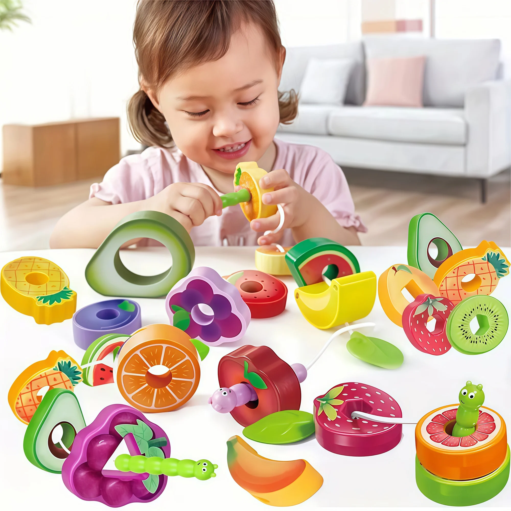 Montessori Fruit Food Veterkralen Spel voor Peuter Kleur en Vorm Cognitieve Matching, Vroege Fijne Motoriek Training