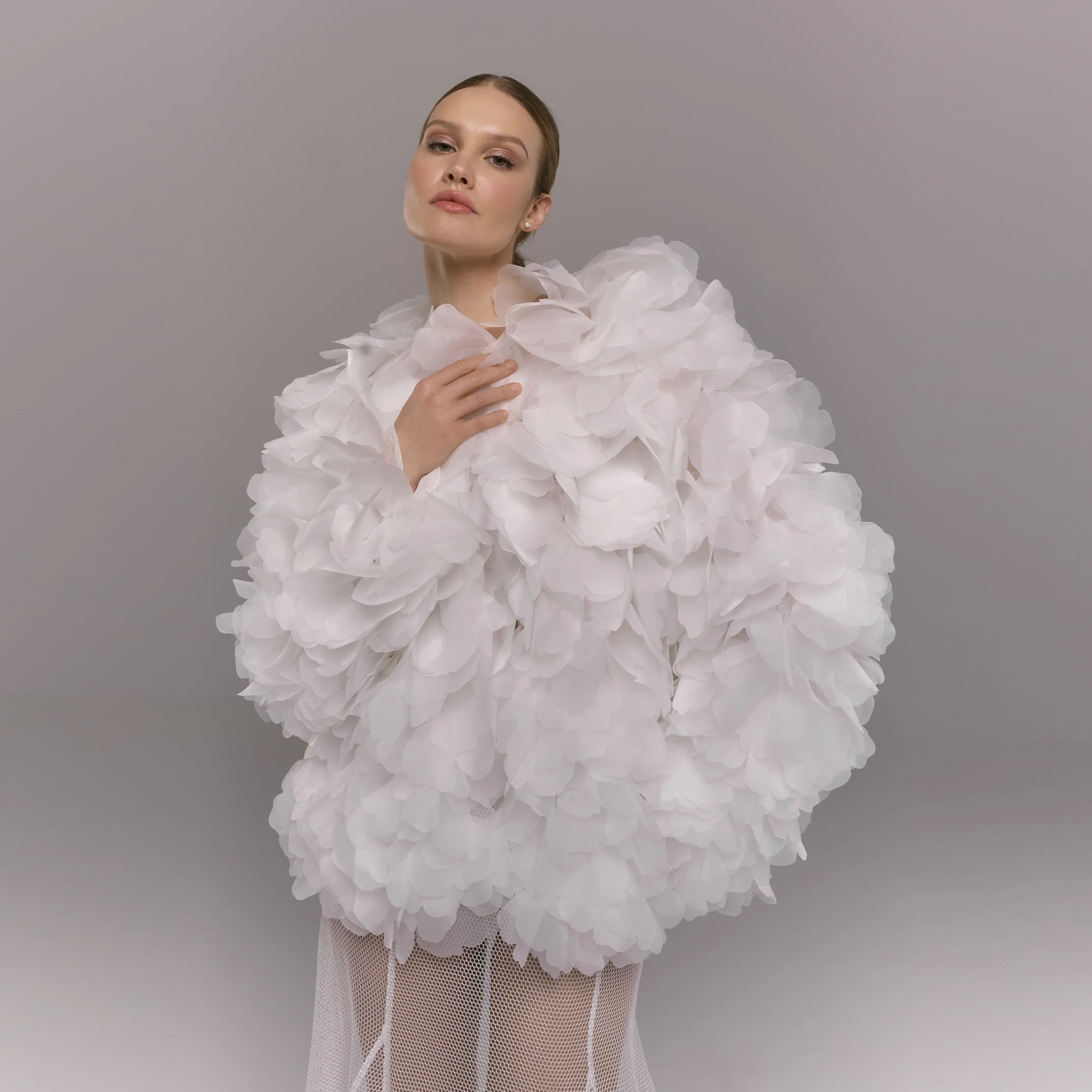 

High Quality Wedding Party Blouse Lady Wear 3D Flower Full Sleeves Women Layered Floral Jacket Organza White