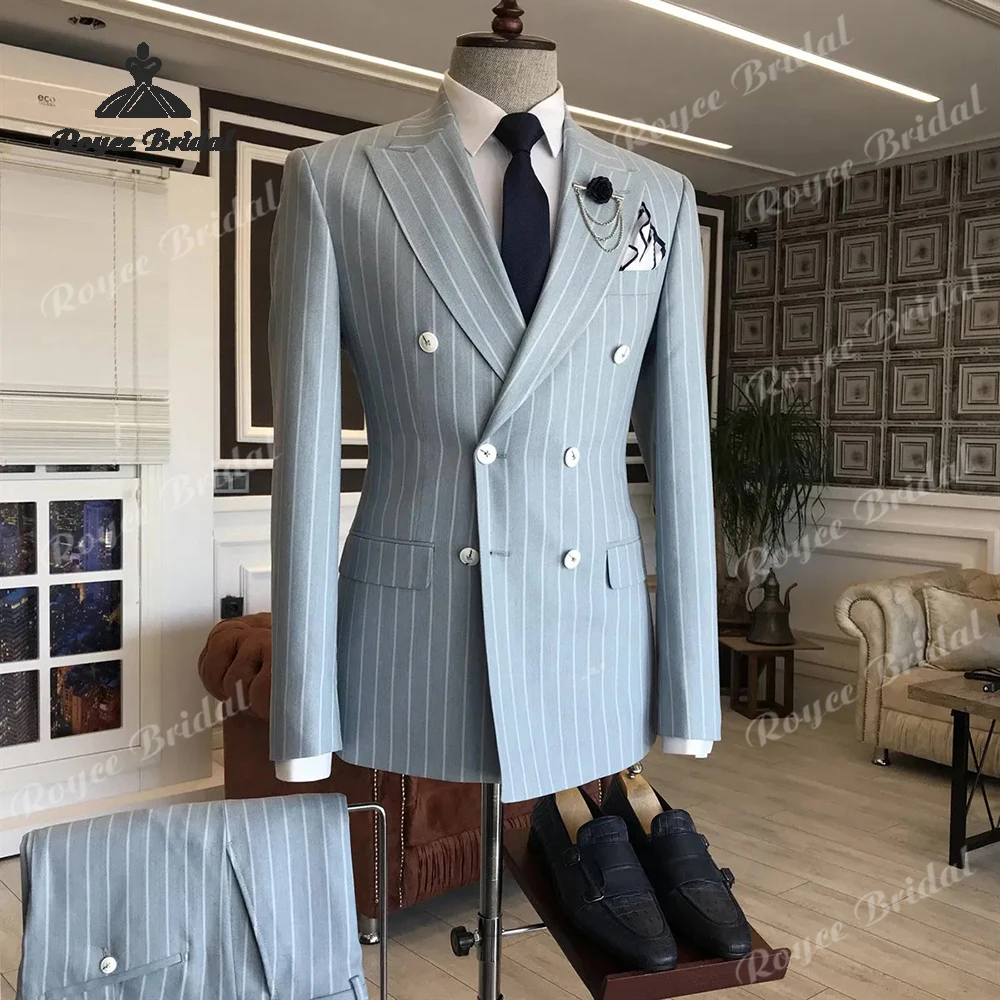 الأزرق مخطط قطعتين مزدوجة الصدر الذروة التلبيب الرجال دعوى الزفاف 2026 مساء بدلة عمل مخصص trajes الفقرة hombre #1