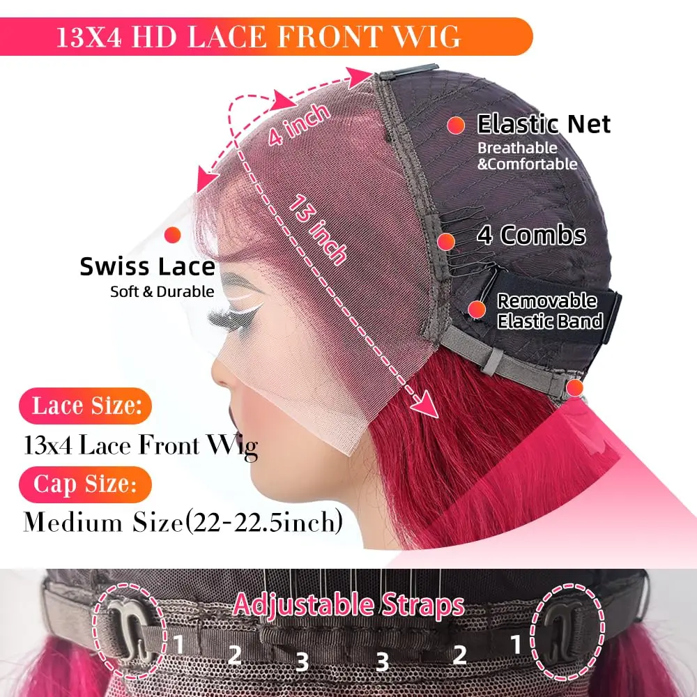 Wig Rambut Asli 34 Inch 200% Density Body Wave Burgundy 13x4 HD Lace Front Untuk Wanita 99j Bug Colored 13x4 HD Lace Frontal Wig