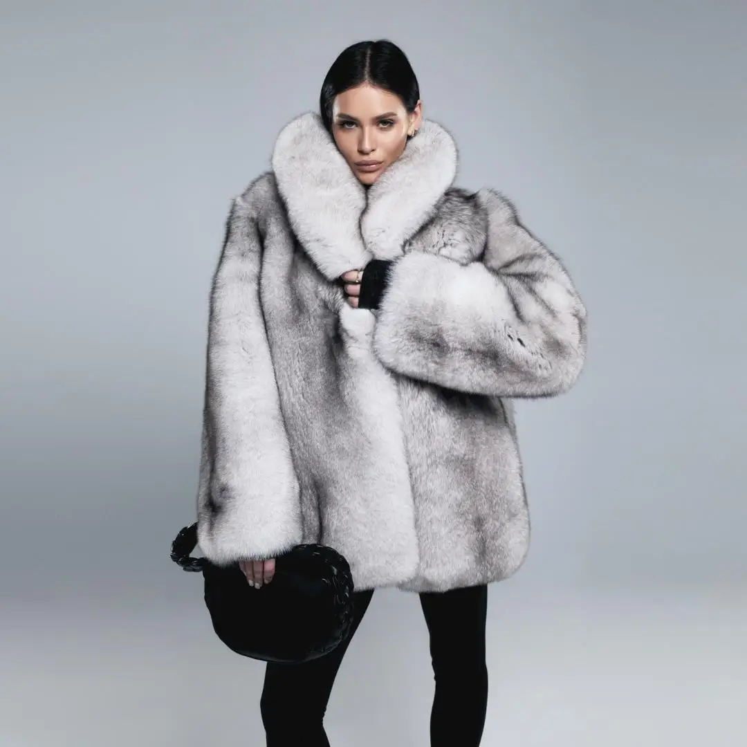 Medium Length Real Fox Fur Jacket with Turn-down Collar Winter Thick Warm Fur Overcoats Women Natural Fox Fur Coats High Quality