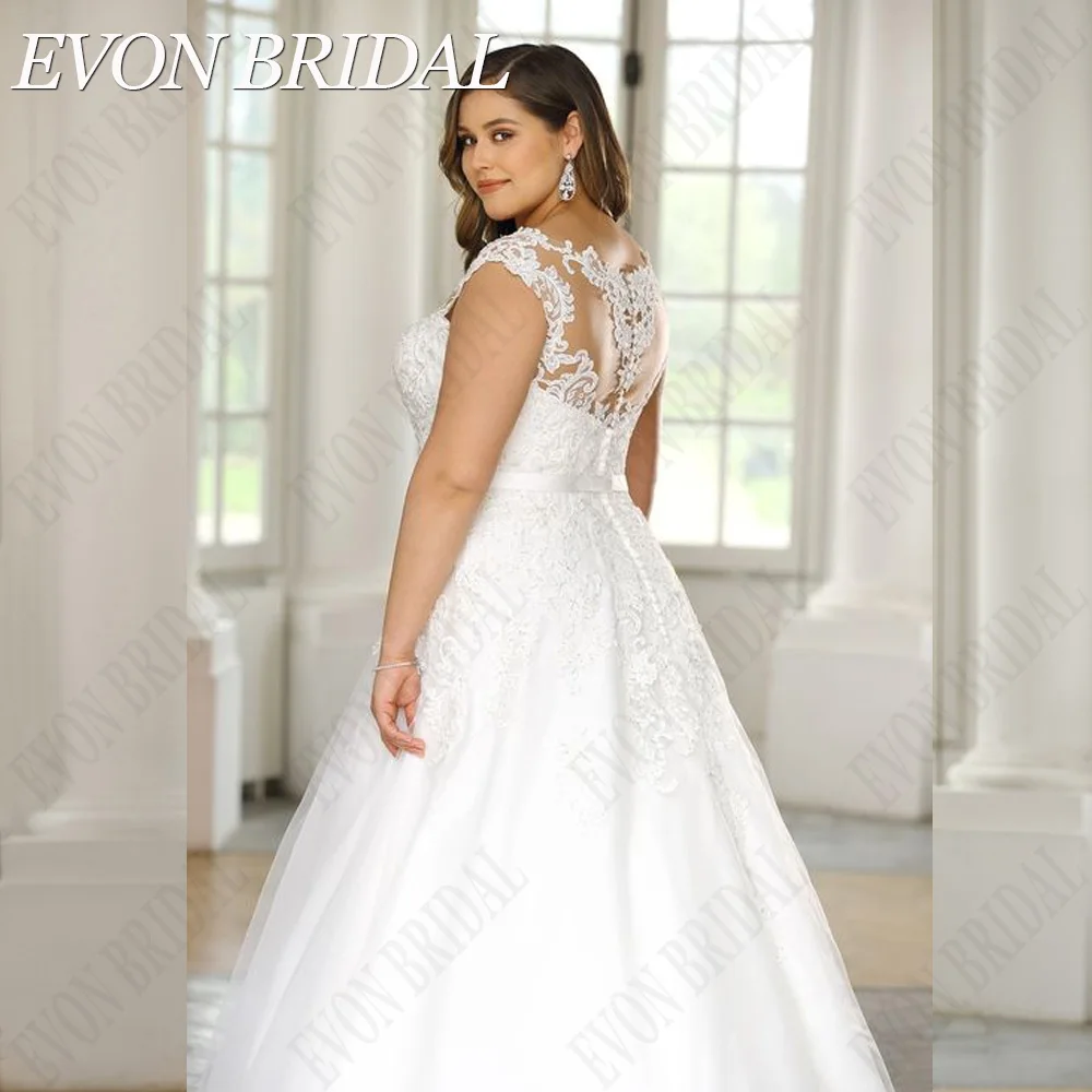 EVON BRIDAL Civil Wedding Dress Plus Size Woman Bride Cap Sleeves Bridal Gowns A-Line Applique Tulle Scoop vestidos novias boda