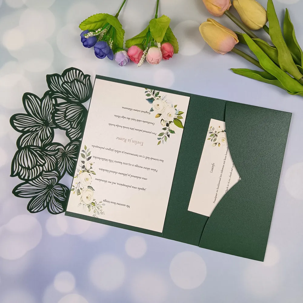 1pcs Green Leaves Black hollow Laser Cut Tri-fold Gold Ivory Leaf pocket fold Wedding Invitation Card Invite with envelope RSVP