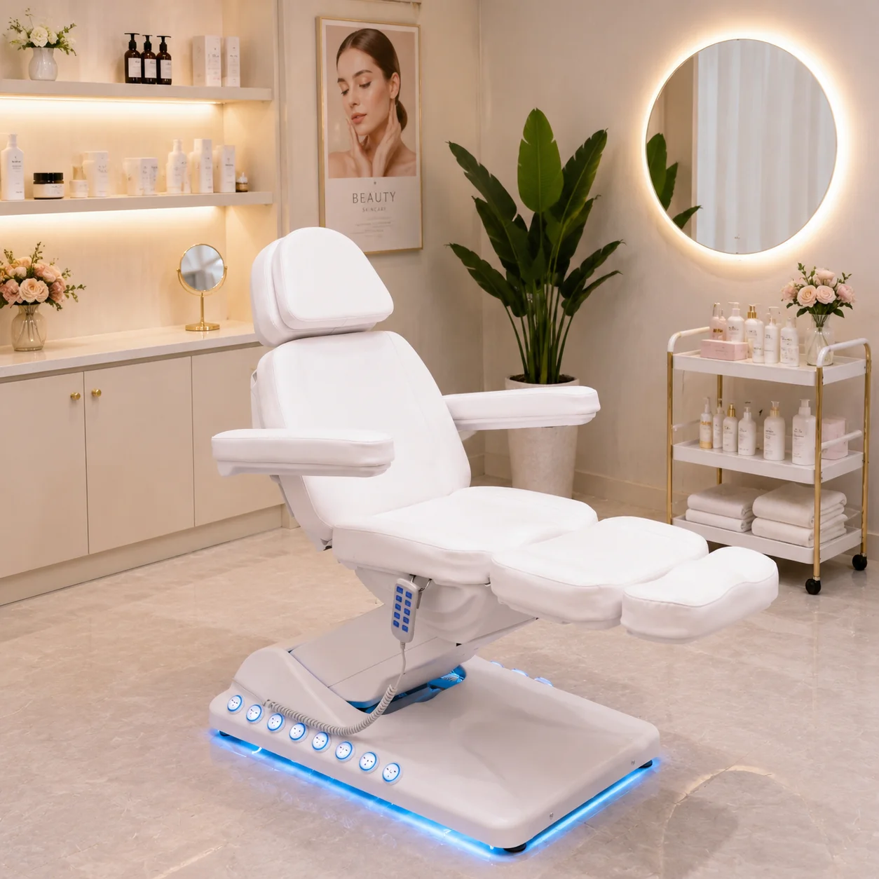 Multi-Functional Electric Facial Chair with Folding Armrest Smart Control Foot Control Height Adjustable Beauty Bed