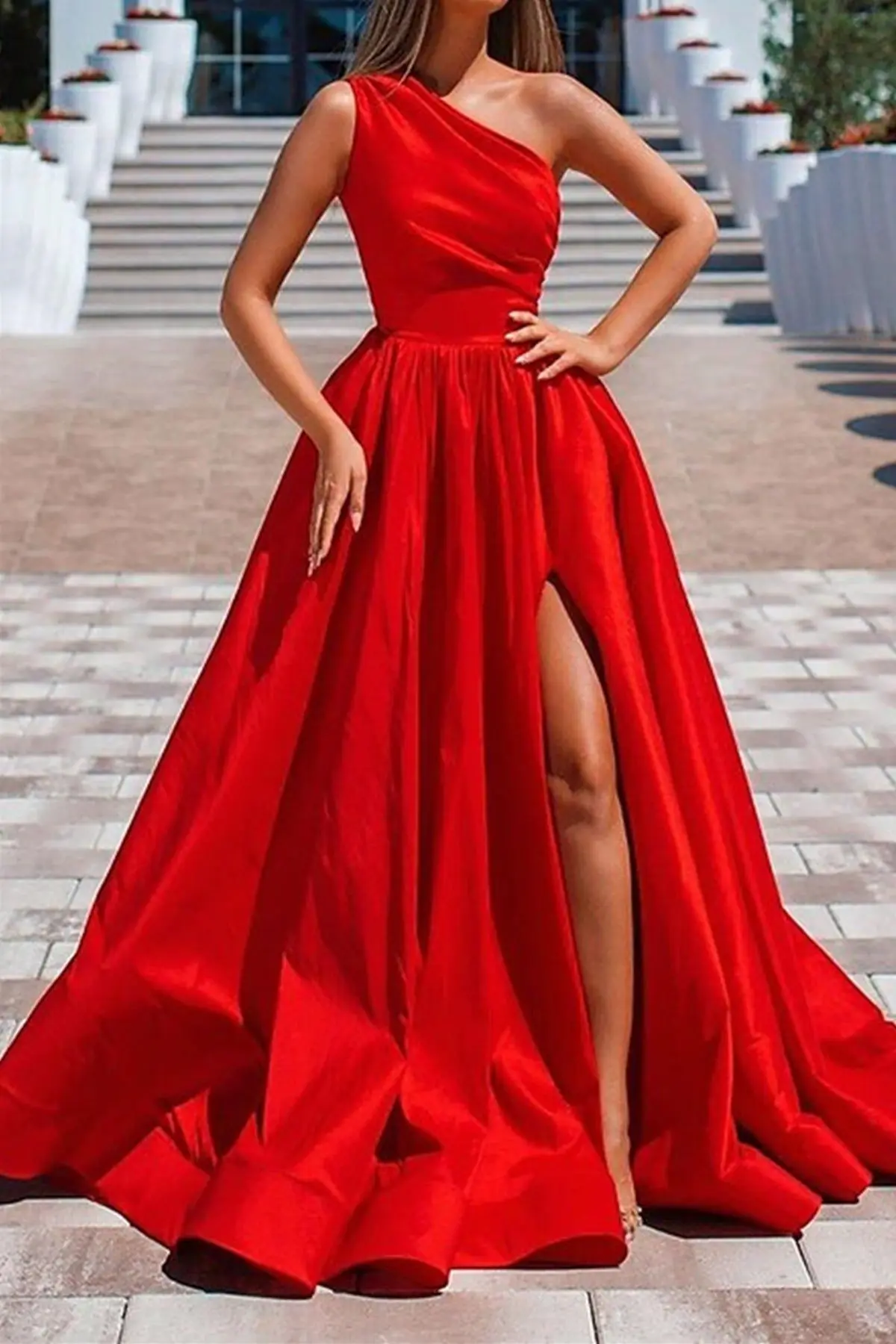 Satin One Shoulder Pleated Corset Prom Dresses With Split Sleeveless Backless Ruched Evening Gowns A-line Long Formal Ball Gowns