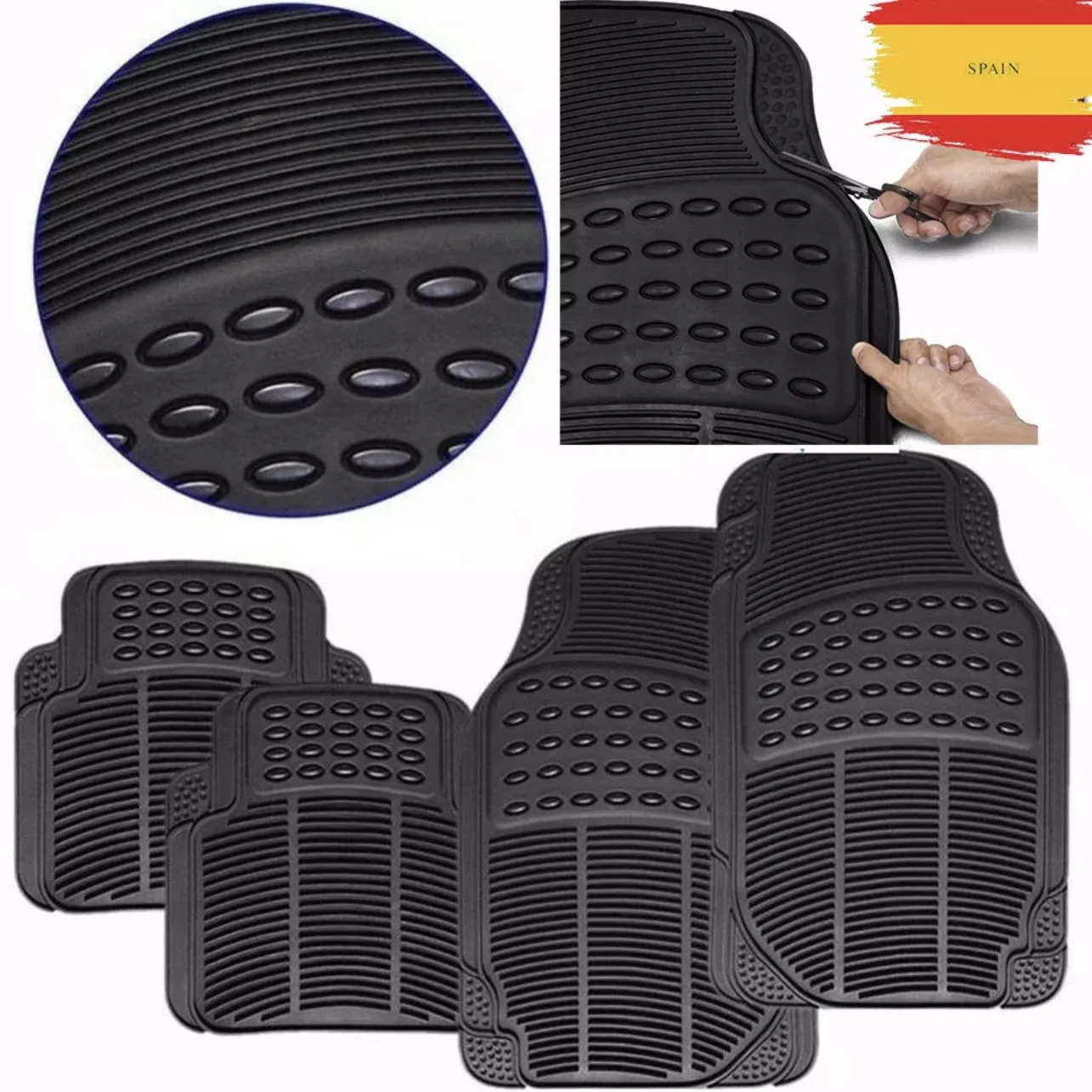 Black Rubber Car Carpets, Cut-out Carpet, 4-piece Rubber Car Mats Sets. Universal, resistant to use and anti-slip. Can be cut to size. 2 front and 2 rear.