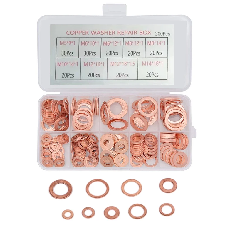100/200pcs Copper Washer Gasket Nut And Bolt Set Flat Ring Seal Assortment Kit Tool With Box M5/M6/M8/M10/M12/M14 For Sump Plugs