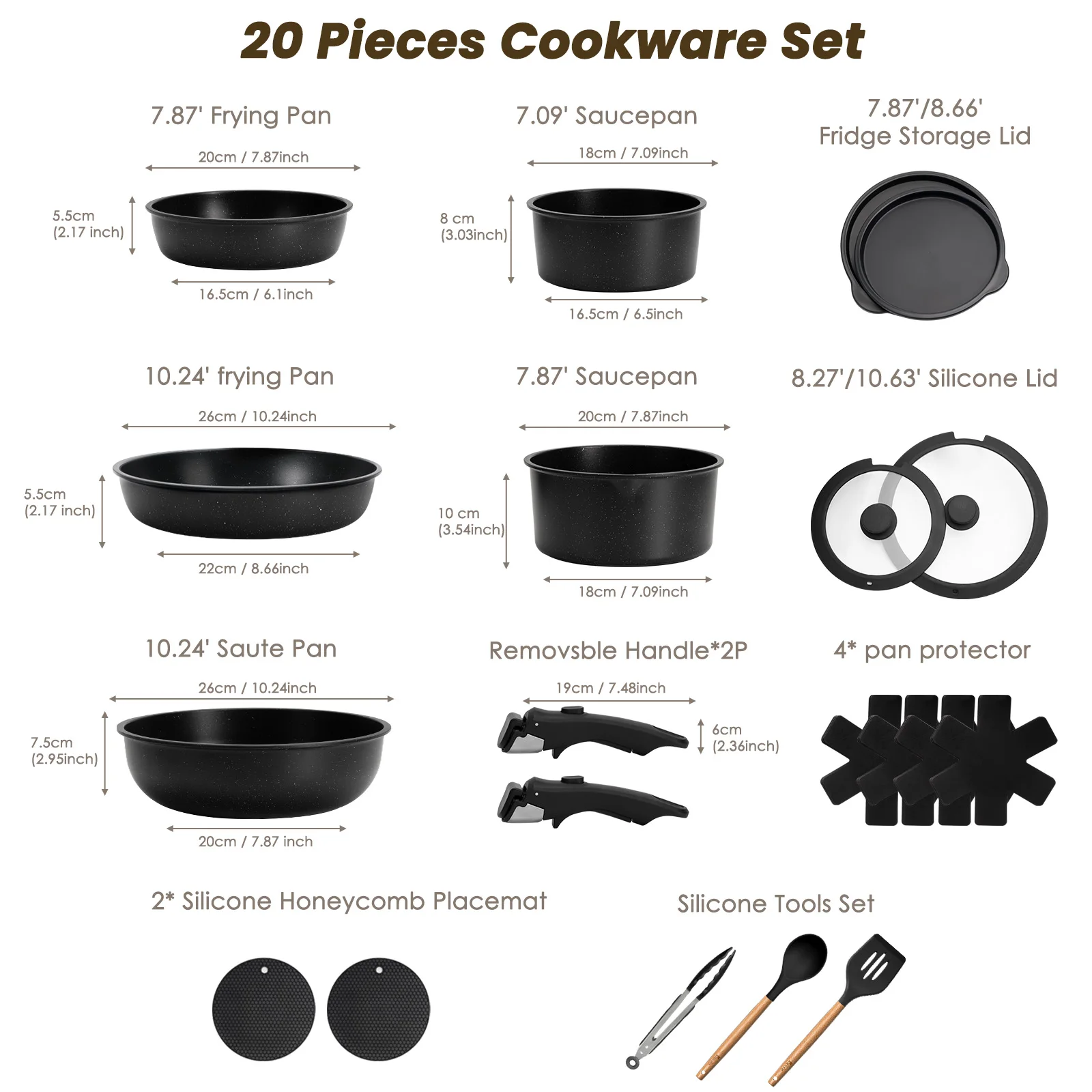 20-piece Pots And Pans Set, KIKCOIN Non-stick Ceramic Cookware Set With Removable Handles. Space-saving, Oven, Dishwasher