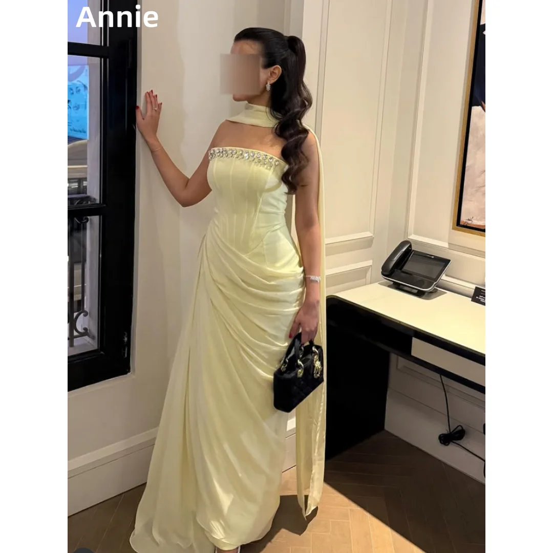 

Annie Yellow Glitter Beads Prom Dresses Pleated Chiffon Luxury Evening Dresses Shawl Slim Fit Elegant Ladies فساتين سهرة
