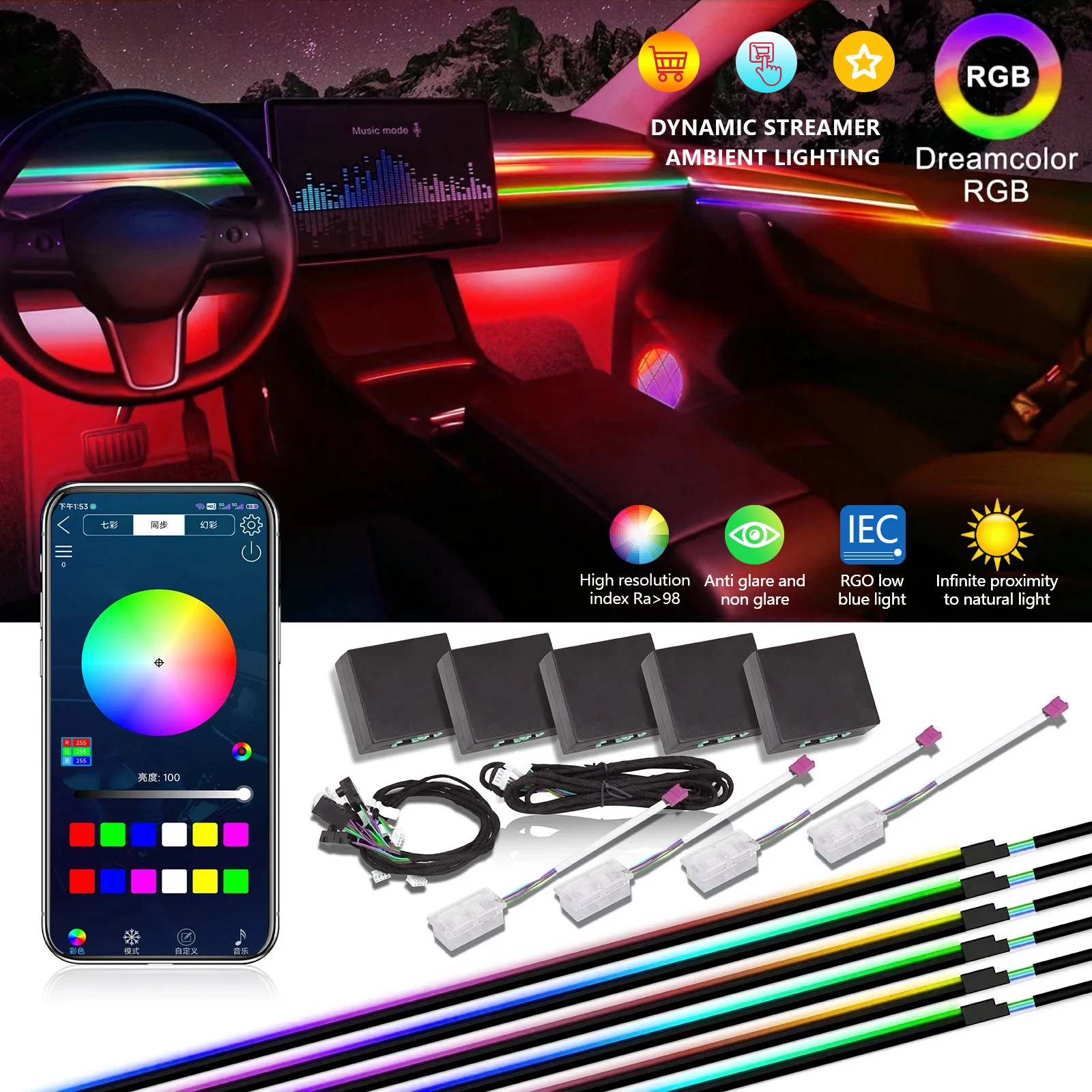 

22 in 1 Dual Zone Symphony LED Car Ambient Lights RGB 64 Colors Interior Rainbow Acrylic Strip Neon Atmosphere Lighting Kit App